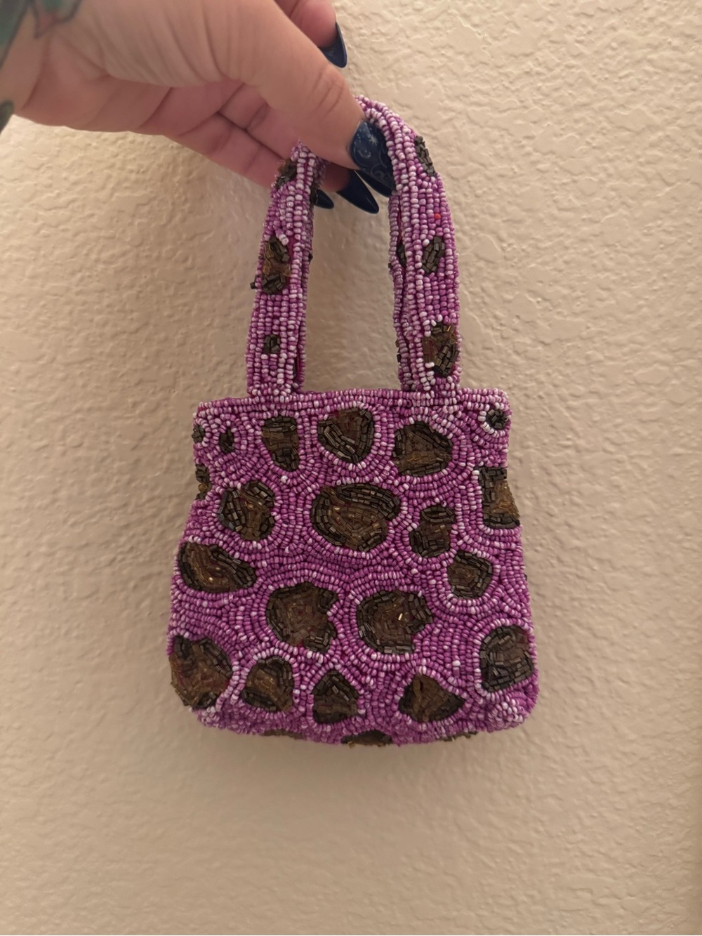 Moyna Purple Beaded Mini Tote with Brown Leopard Spots